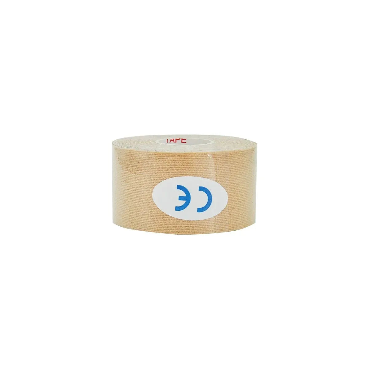 Rouleau de ruban kinesthérapie beige avec marquage CE bleu visible sur l'étiquette