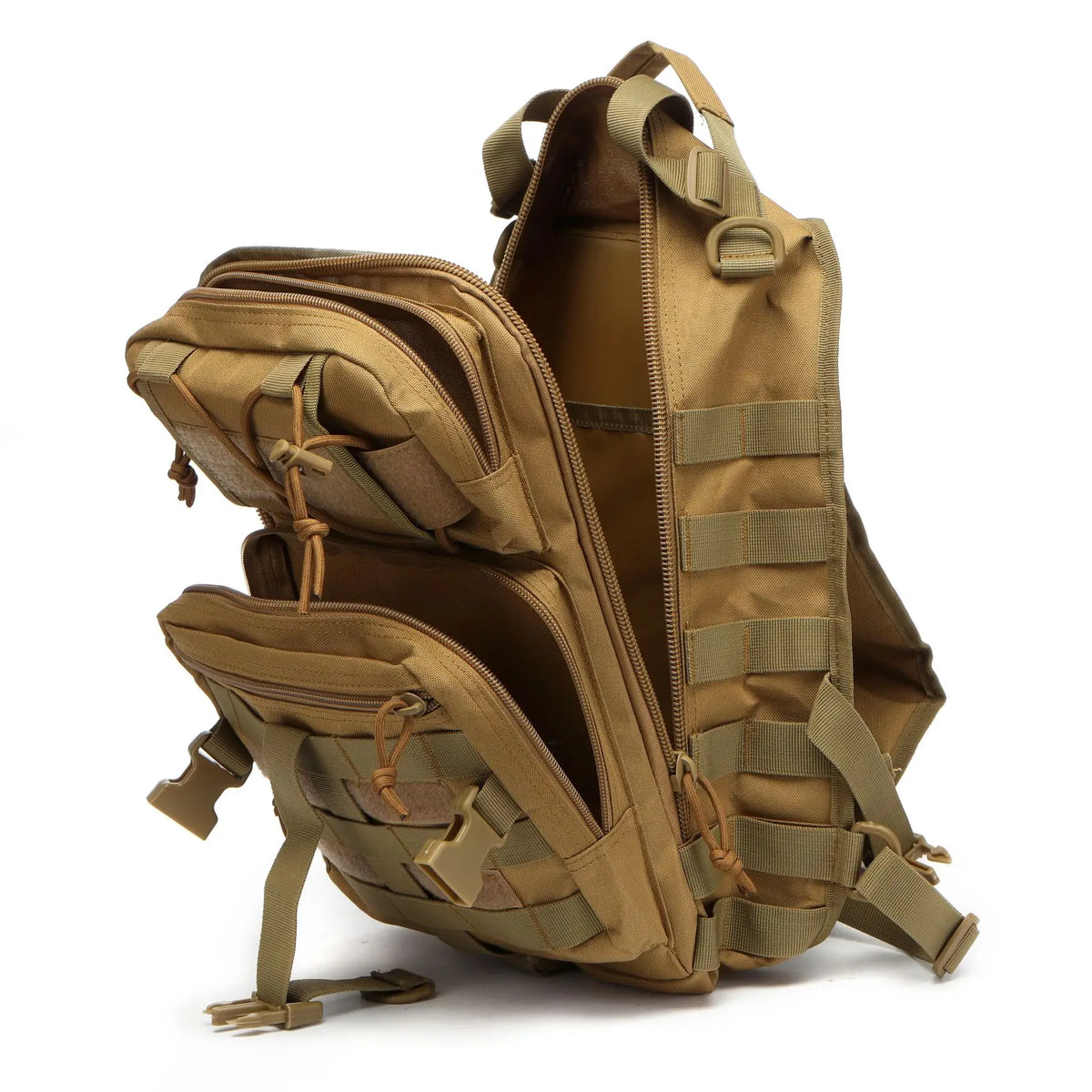 A tan tactical sling backpack is shown open, displaying its interior and external features.