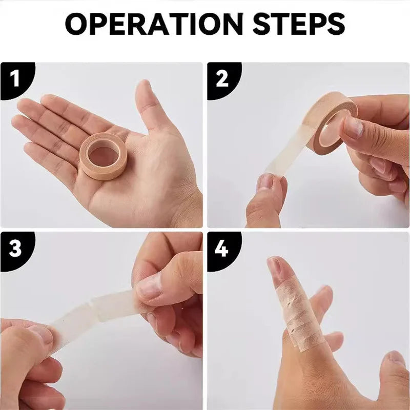 Four steps showing how to apply an eyelash extension tape set for precision application on a hand.