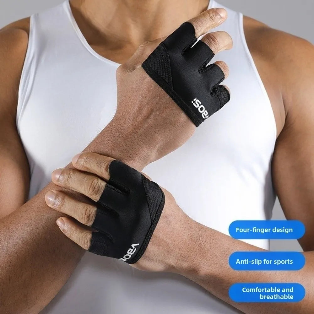 A hand wearing black ergonomic anti-slip gym lifting gloves on a white athletic tank top.