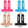 Four colored kinesiology therapy tapes for knee support: peach red, blue, brown, and black.