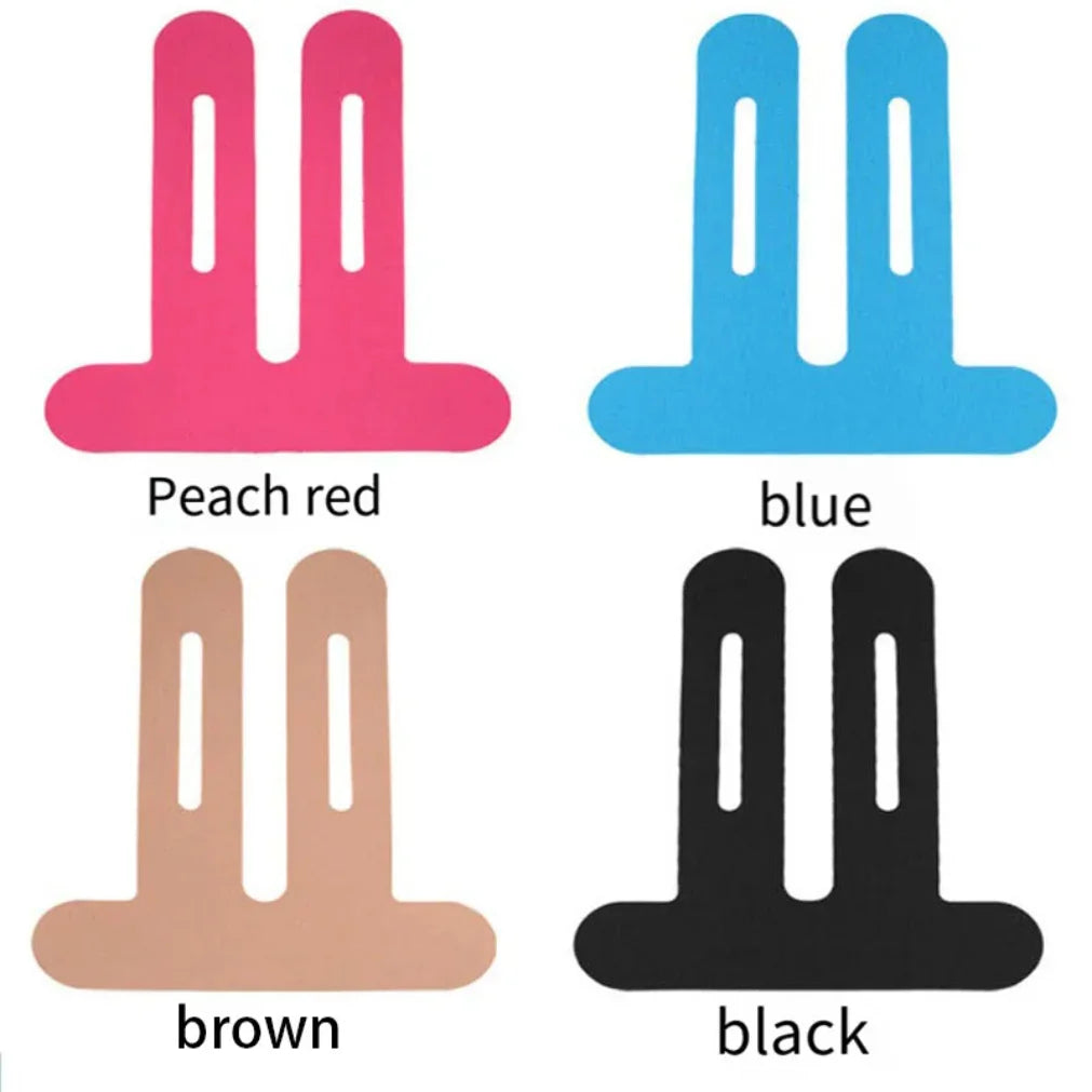 Four colored kinesiology therapy tapes for knee support: peach red, blue, brown, and black.