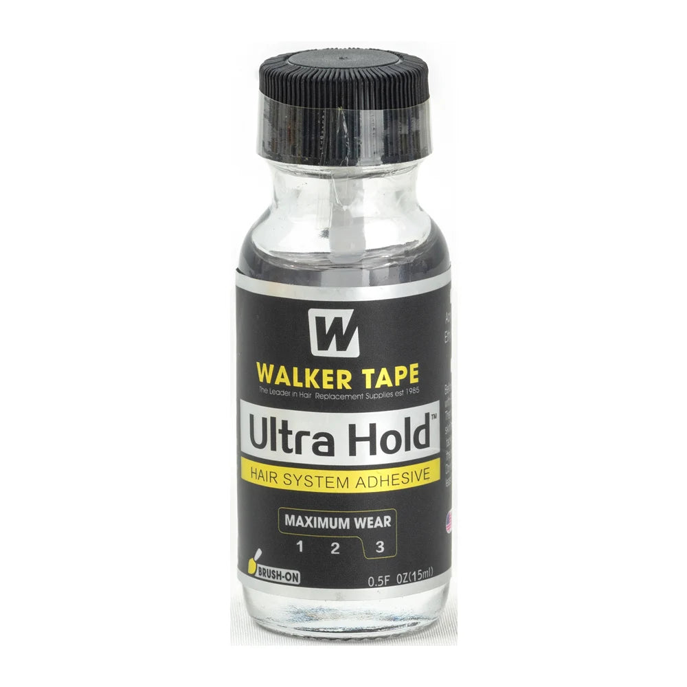 A glass bottle of Walker Tape Ultra Hold hair system adhesive for hair replacement
