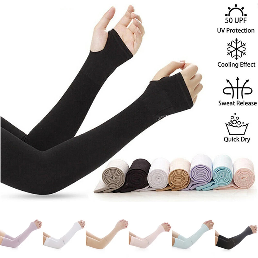 Black all-weather arm sleeves shown in various colors and angles, demonstrating UV protection and cooling effects.