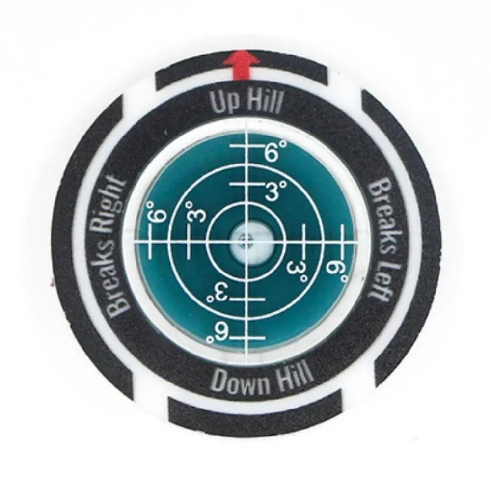 A circular golf ball marker and slope meter with directional indicators for up hill and down hill.