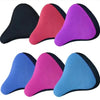 A set of five breathable 3D mesh bicycle saddle cushions in black, pink, purple, and blue.