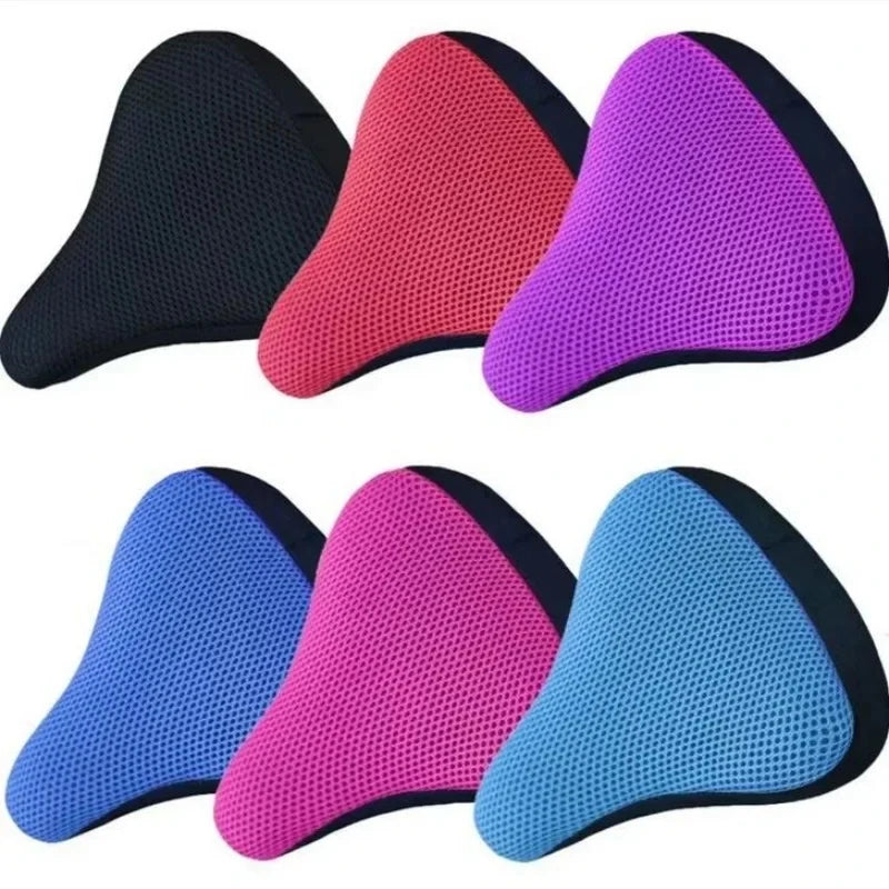 A set of five breathable 3D mesh bicycle saddle cushions in black, pink, purple, and blue.