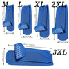 Un juego de calcetines hospitalarios azules antideslizantes en varios tamaños, de M a 3XL, mostrando diferentes anchos y long