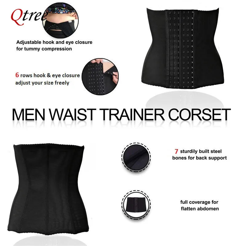Black men's waist trainer corset with adjustable hook and eye closure for tummy compression