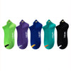 A set of five colorful men's breathable ankle boat socks in lime green, purple, blue, teal, and black.