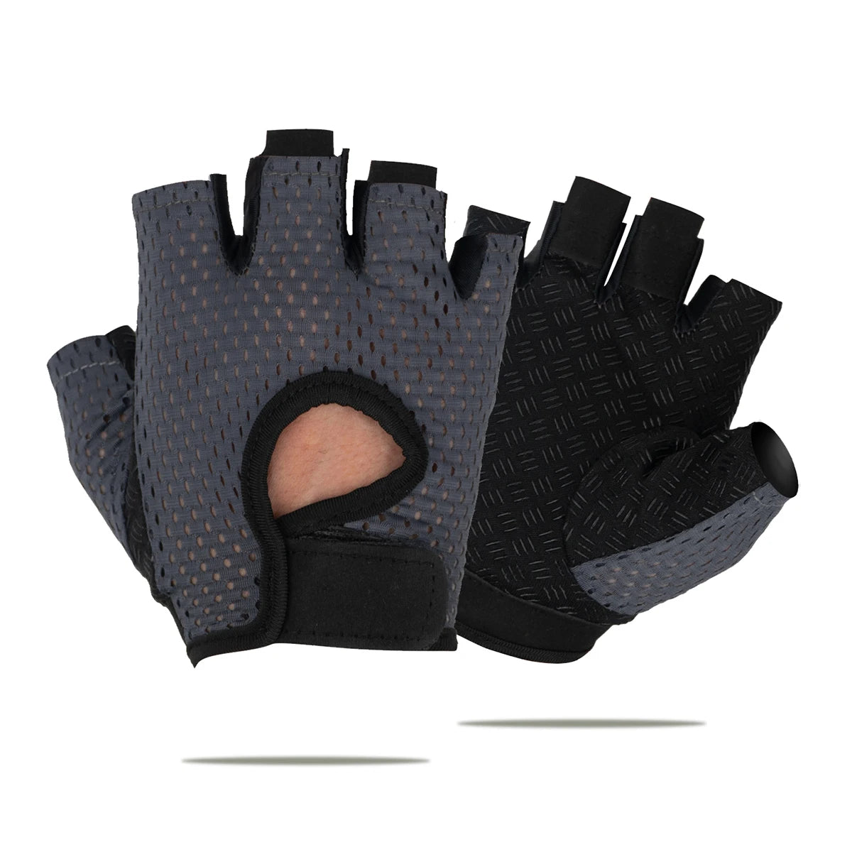 Une paire de gants de vélo et de fitness noirs, respirants et à séchage rapide, présentés à plat.