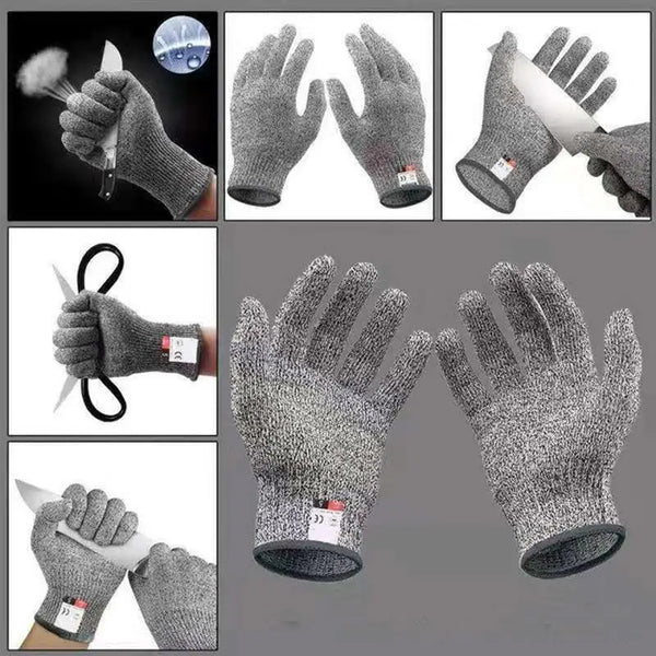 Various angles show heavy duty anti-cutting kitchen and food gloves in gray fabric.