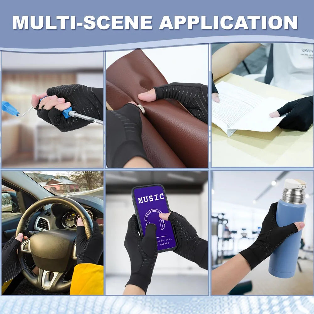 A collage showing multi-scene application of copper compression gloves for joint support on hands, arms, and a car steering w