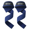 A pair of dark blue gym weightlifting straps with SKDK branding shown from the side.