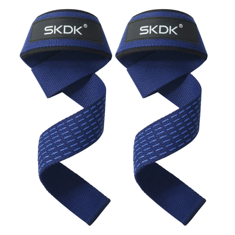 A pair of dark blue gym weightlifting straps with SKDK branding shown from the side.