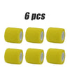 A set of six yellow self-adhesive elastic bandage tape rolls.