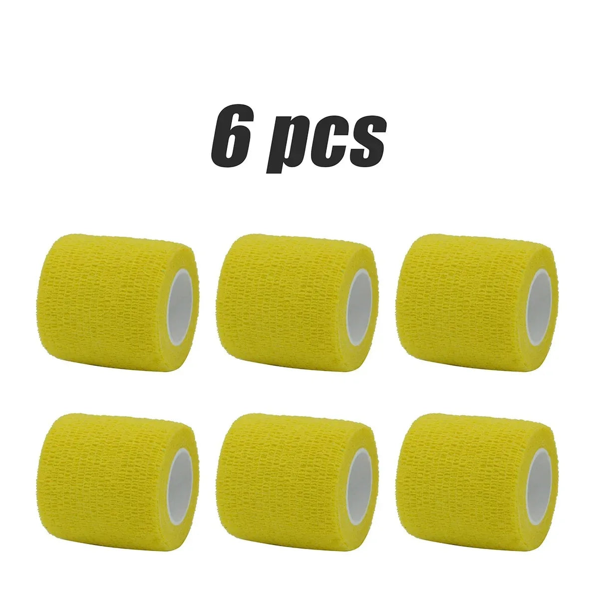 A set of six yellow self-adhesive elastic bandage tape rolls.