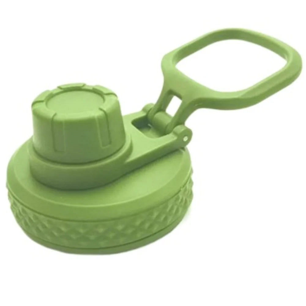 A silicone lid with a loop handle is shown in a light green color.