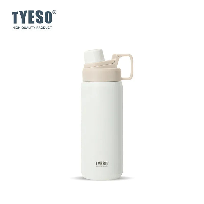 A white insulated stainless steel water bottle with a light beige cap and carrying loop.
