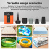 An orange portable electric air pump is shown next to various inflatable items including airbeds, swimming rings, and mattres