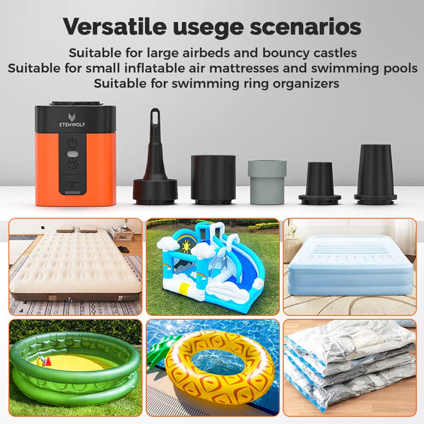 An orange portable electric air pump is shown next to various inflatable items including airbeds, swimming rings, and mattres
