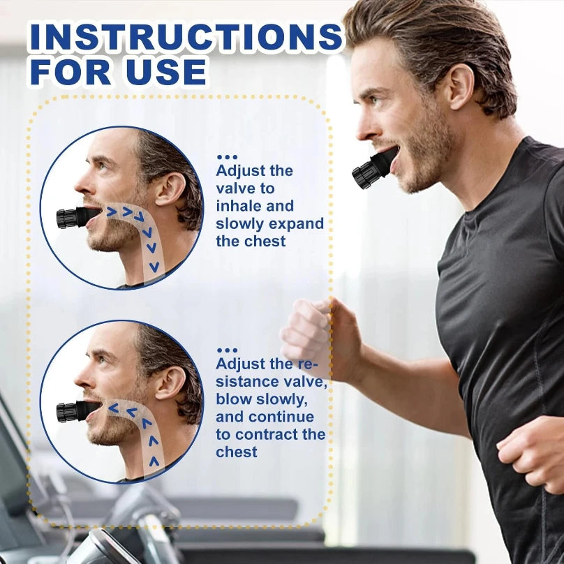 Instructions for use showing how to adjust a valve to inhale and expand the chest, and adjust resistance to contract the ches