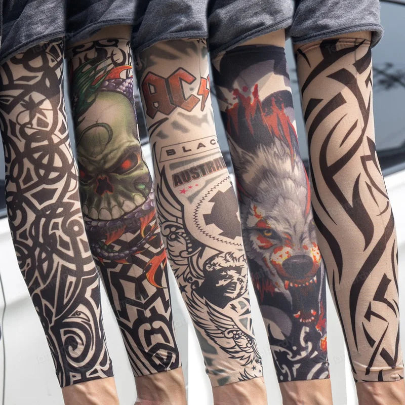 A row of people wearing black and gray reusable UV protection tattoo arm sleeves