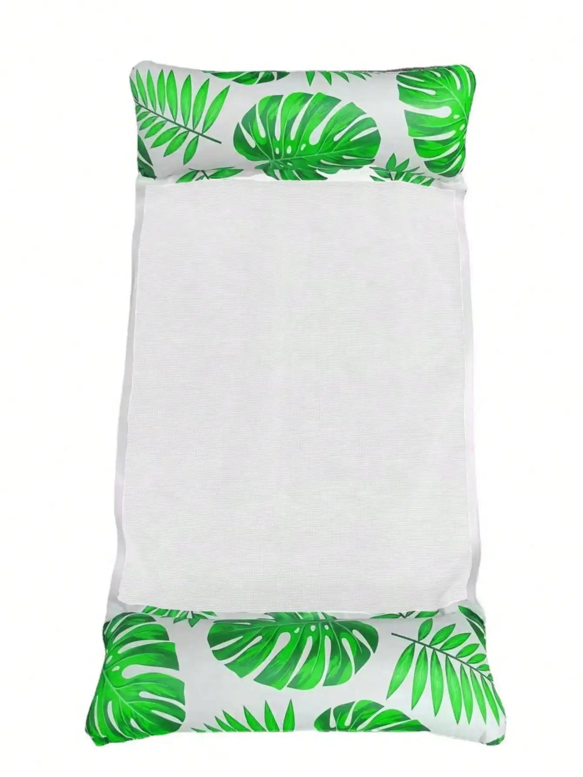 A white inflatable pool float hammock with green tropical leaf pattern.