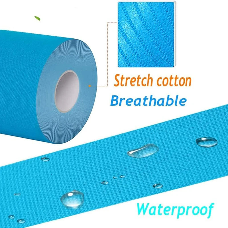 Rollo y tira de cinta kinesiológica elástica, transpirable e impermeable de algodón azul para soporte articular