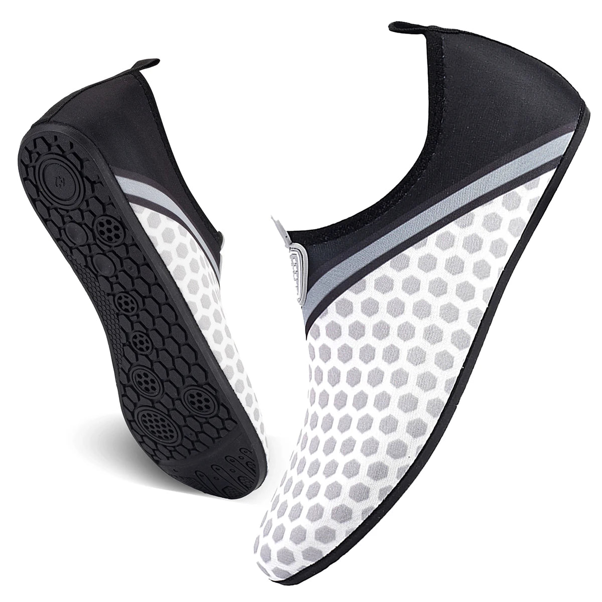 A pair of black and gray waterproof aqua socks shown from the side.