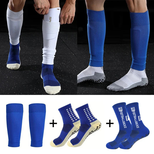 A set of men's grip soccer socks and knee pads shown on a foot and leg.