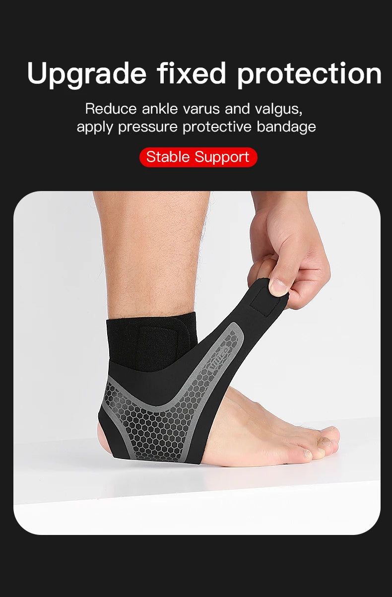 A hand is applying a black compression ankle brace to a person's foot and ankle for support.