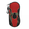 A red and black pouch designed to hold a pair of spider web eyeglasses.