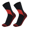 A pair of black hiking socks with red accents, shown from the side.