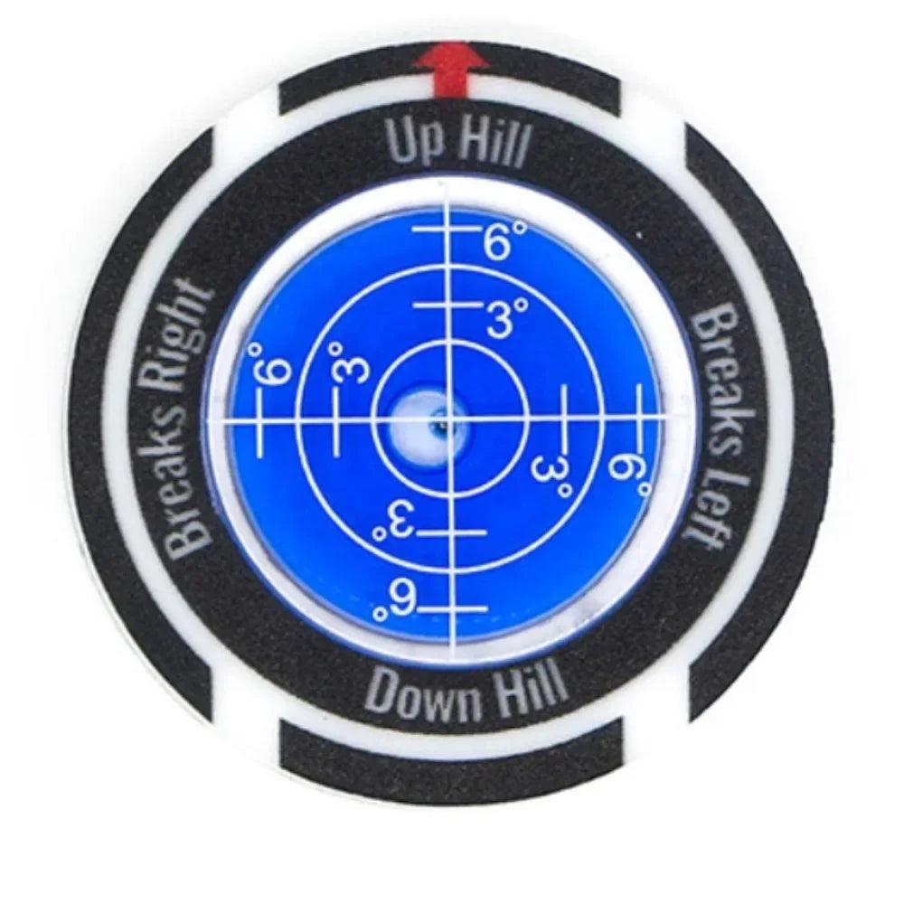 A precision golf ball marker and slope meter with directional indicators for up hill and down hill shots.