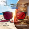 A pair of red sunglasses demonstrating smart color adaptation for bright sun and indoor use.