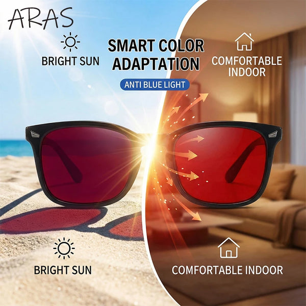 A pair of red sunglasses demonstrating smart color adaptation for bright sun and indoor use.