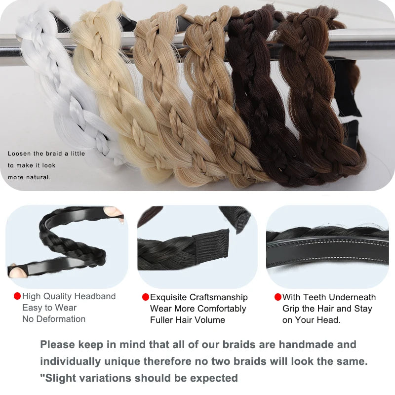 A display of various handmade twisted braided wig headbands in white, beige, and dark brown colors.