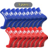 Five pairs of mid-calf football socks in blue and red colors stacked together
