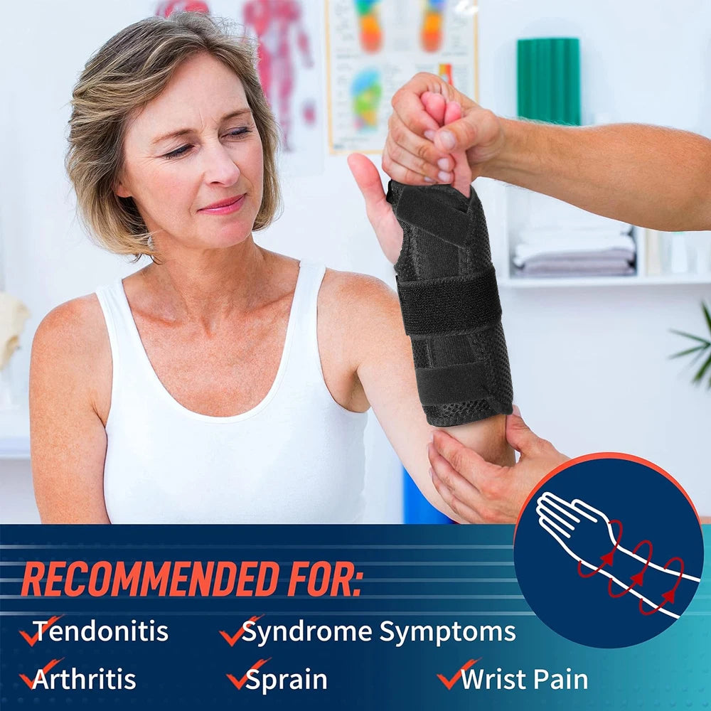 A woman is shown wearing a black wrist support brace, recommended for tendonitis, arthritis, syndrome symptoms, sprain, and w