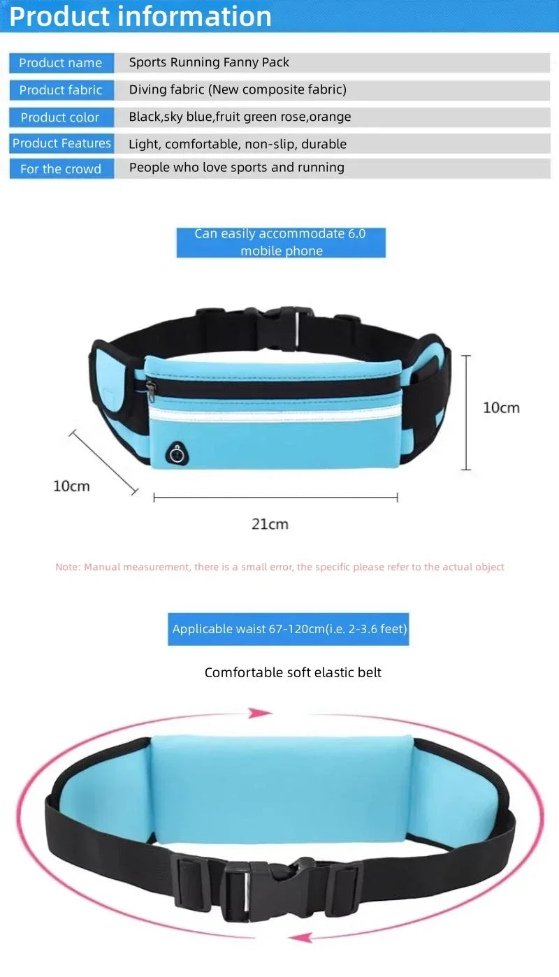A black elastic belt with a light blue pouch designed to accommodate a mobile phone.