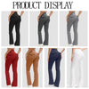 A display of high-waisted flared yoga leggings in various colors including black, gray, olive green, maroon, brown, navy blue