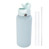 A light blue stainless steel vacuum flask water bottle with a hinged straw lid and separate straw.