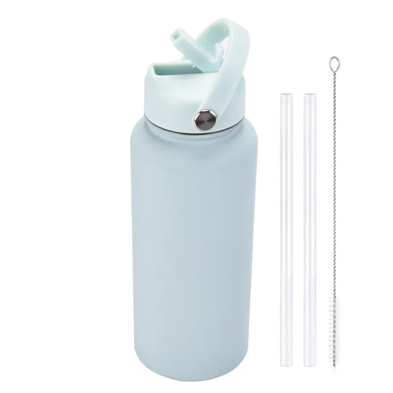 A light blue stainless steel vacuum flask water bottle with a hinged straw lid and separate straw.