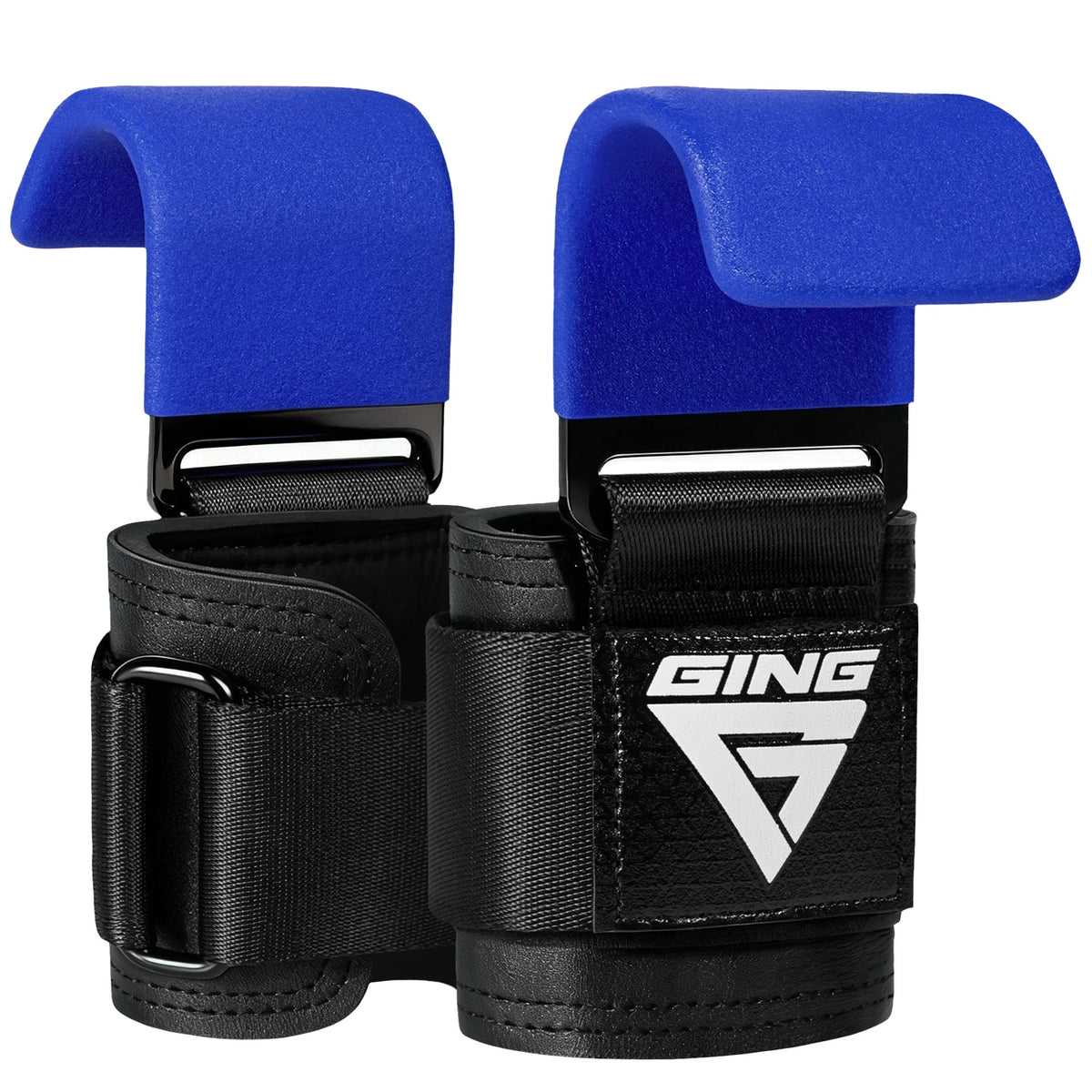 A pair of blue and black heavy duty weight lifting hooks with wrist wraps.