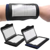 A black football training wrist guard with a clipboard cover is shown on a person's arm and as an open product.