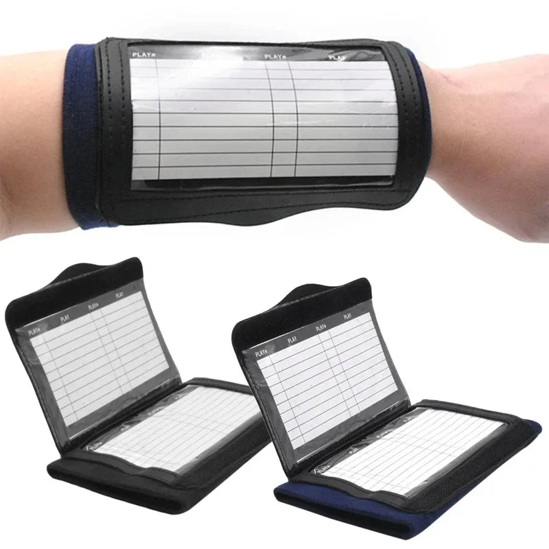 A black football training wrist guard with a clipboard cover is shown on a person's arm and as an open product.