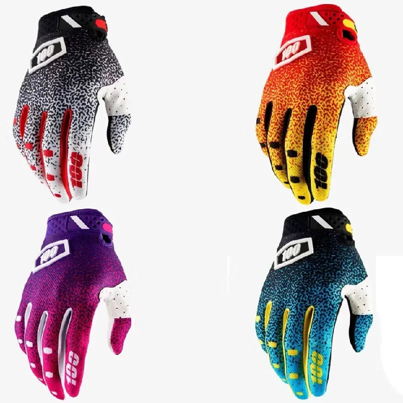 A collection of four durable motorcycle off-road cycling gloves in black, orange, purple, and blue.