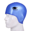 A blue universal silicone swimming cap worn on a white mannequin head.