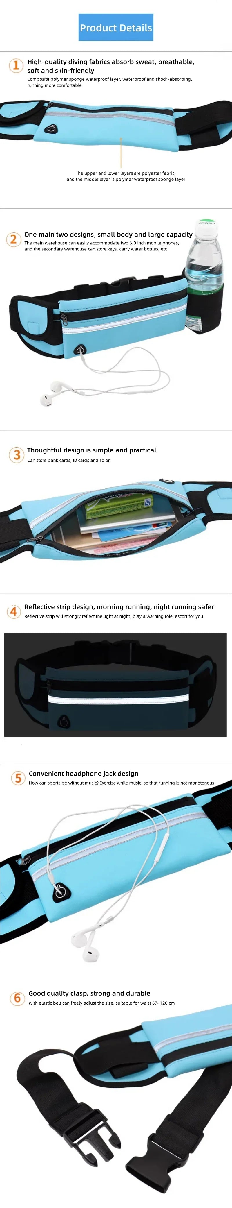 A turquoise and black adjustable sport waist bag designed for carrying phones and essentials.